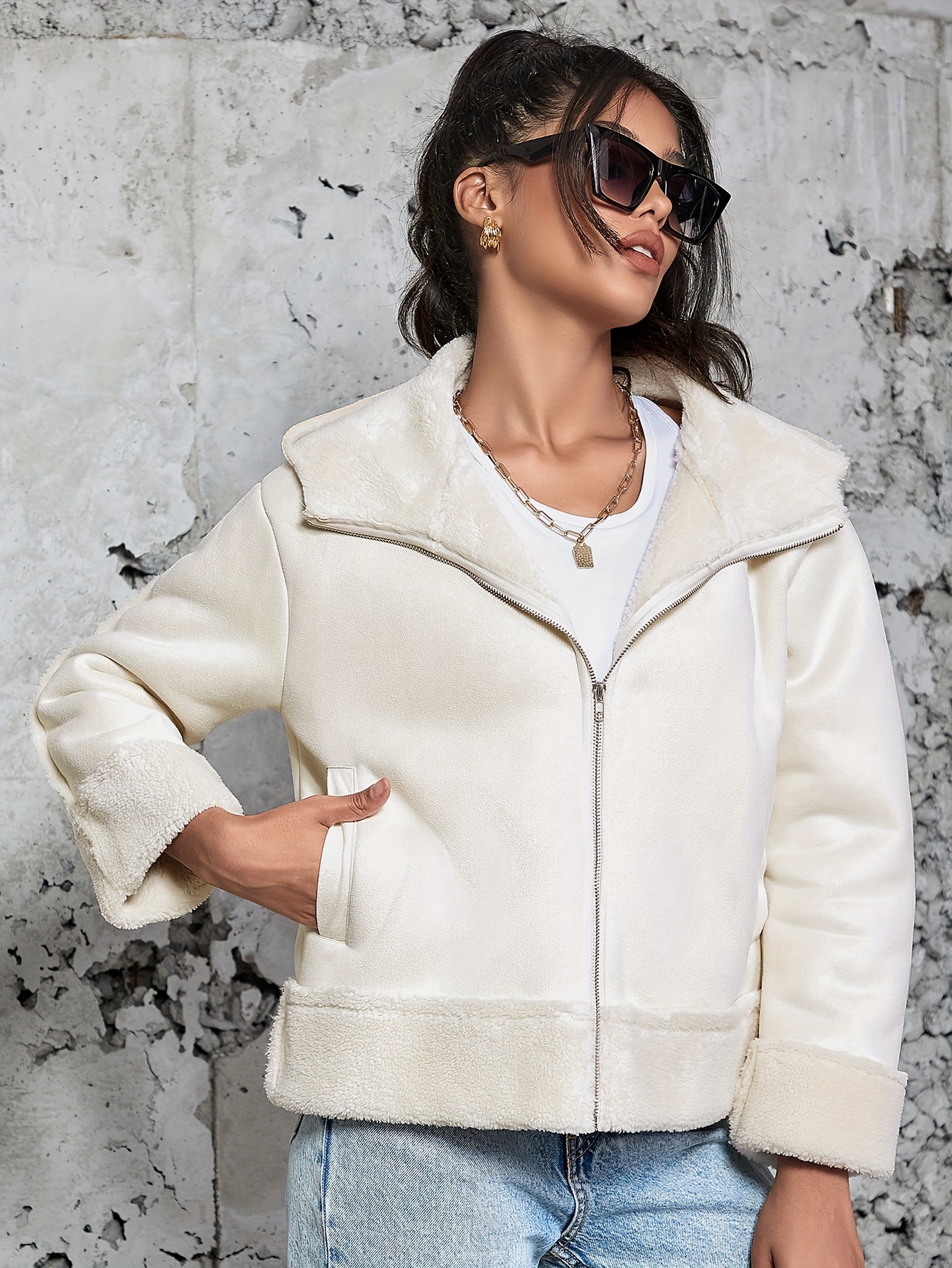 Faux Fur Zip Up Jacket Temu United States