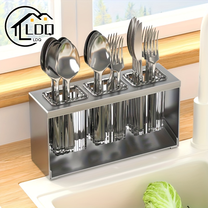 

Ldq Multi-functional Kitchen Organizer - Carbon Steel Drain Rack With Built-in Storage Box, Chopstick Holder & Utensil Compartments For Knives, Forks & Spoons