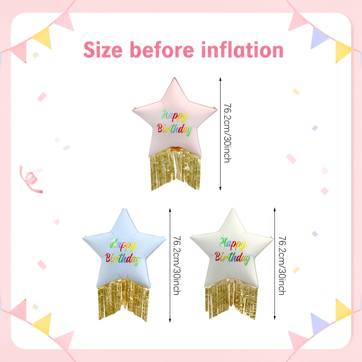 TEMU 3pcs Star Balloon Sleeve Set, Happy Birthday Printed Design, Golden Tassels, Suitable For Birthday Parties, 2026 Decor, Anniversary Parties,