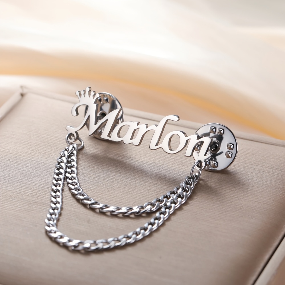 TEMU Custom Fashion Chain Name Lady Brooch Personalized Crown Name Lapel Brooch Stainless Steel Minimalist Elegant Nameplate Brooch Women's And Men's