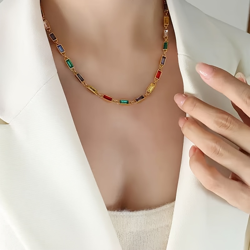 TEMU Collane , eleganti e in acciaio inossidabile intarsiate con catenine rettangolari geometriche colorate con pietre preziose sintetiche. Collane