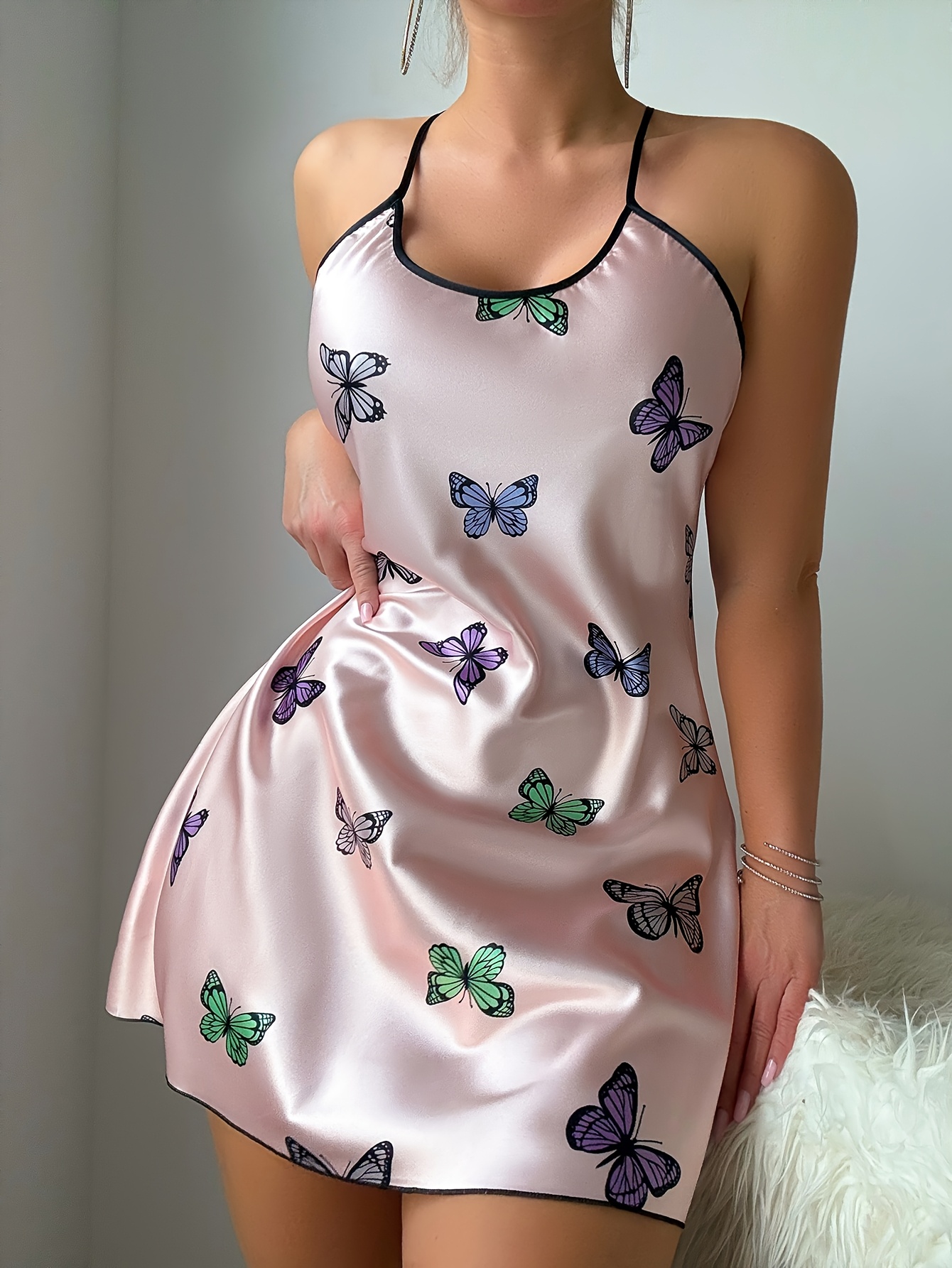Women'S Sexy Butterfly Print Slip Dress, All-Season Polyester 100% Crew Neck, 90g/m² Woven Fabric, Fashionable Pink Nightgown for Adults