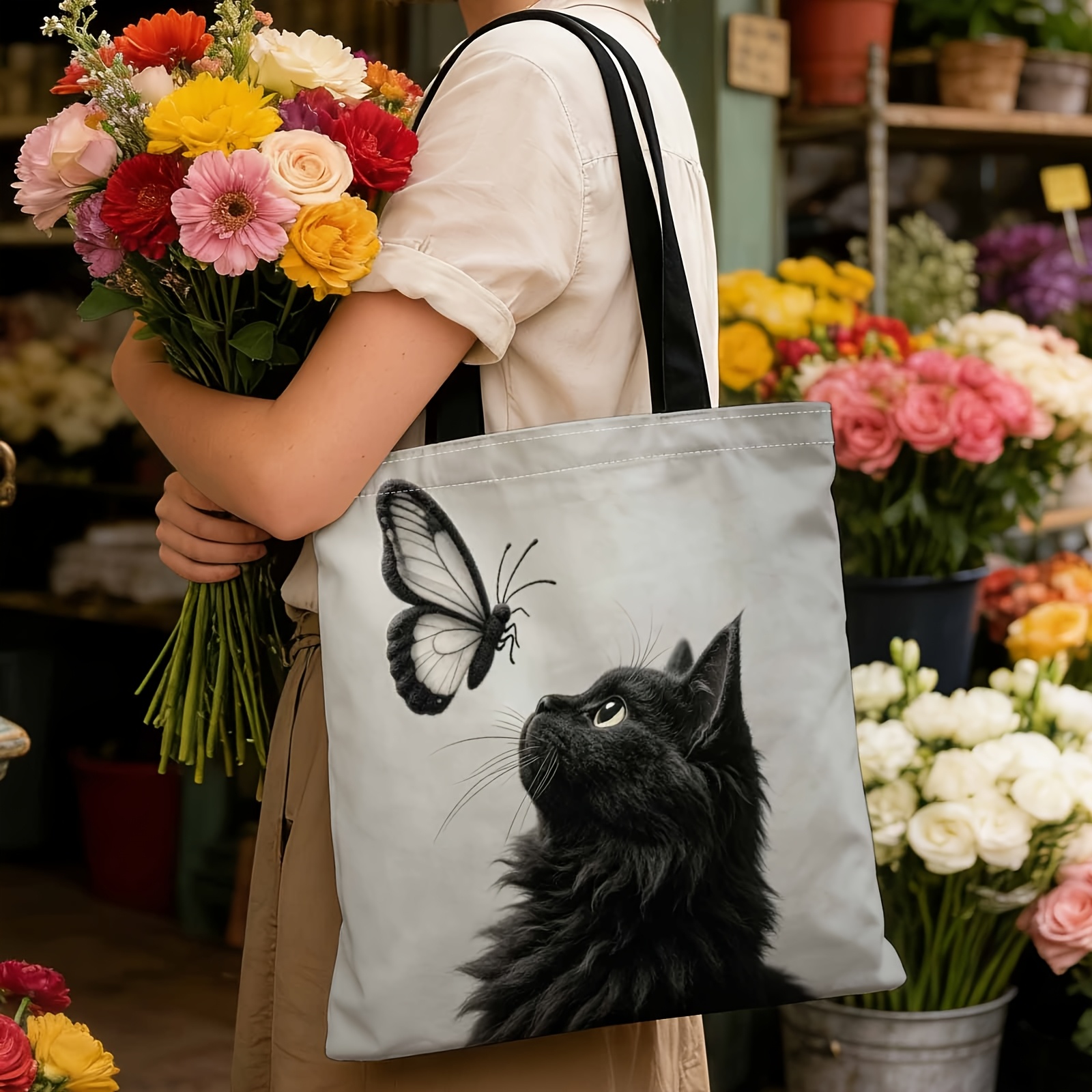 TEMU 1pc Shopper Bag, Bag, Cute Tote Bag, Reusable Fashionable Shopping Bag, Black Cat, , Curiosity, Suitable For Daily Commuting, Shopping, Travel,