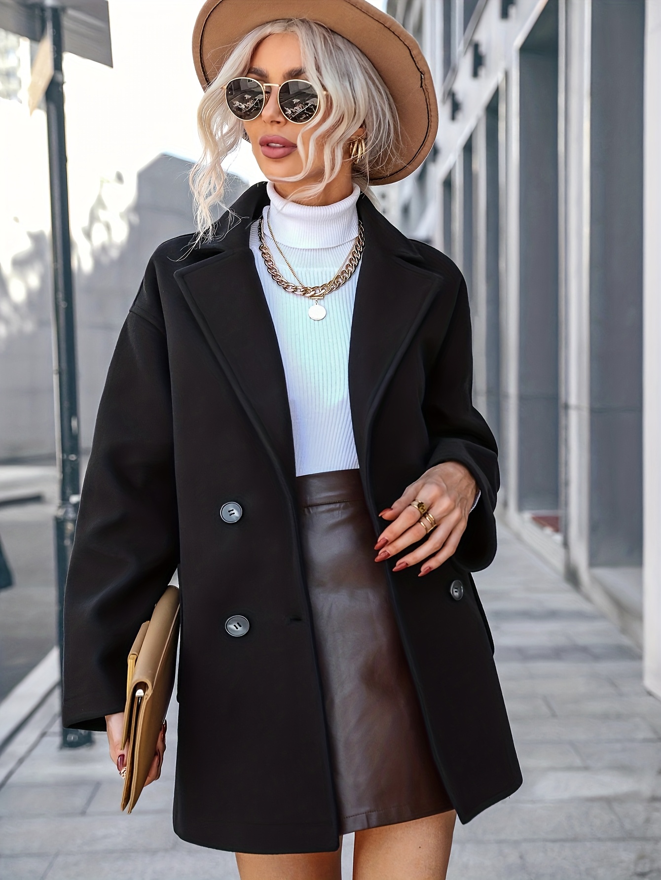 womens elegant winter coat double breasted   silhouette with notch lapel collar   loose fit long sleeve outerwear in navy non stretch fabric for fall winter formal everyday outfits winter coats seasonal fashion Product details 3