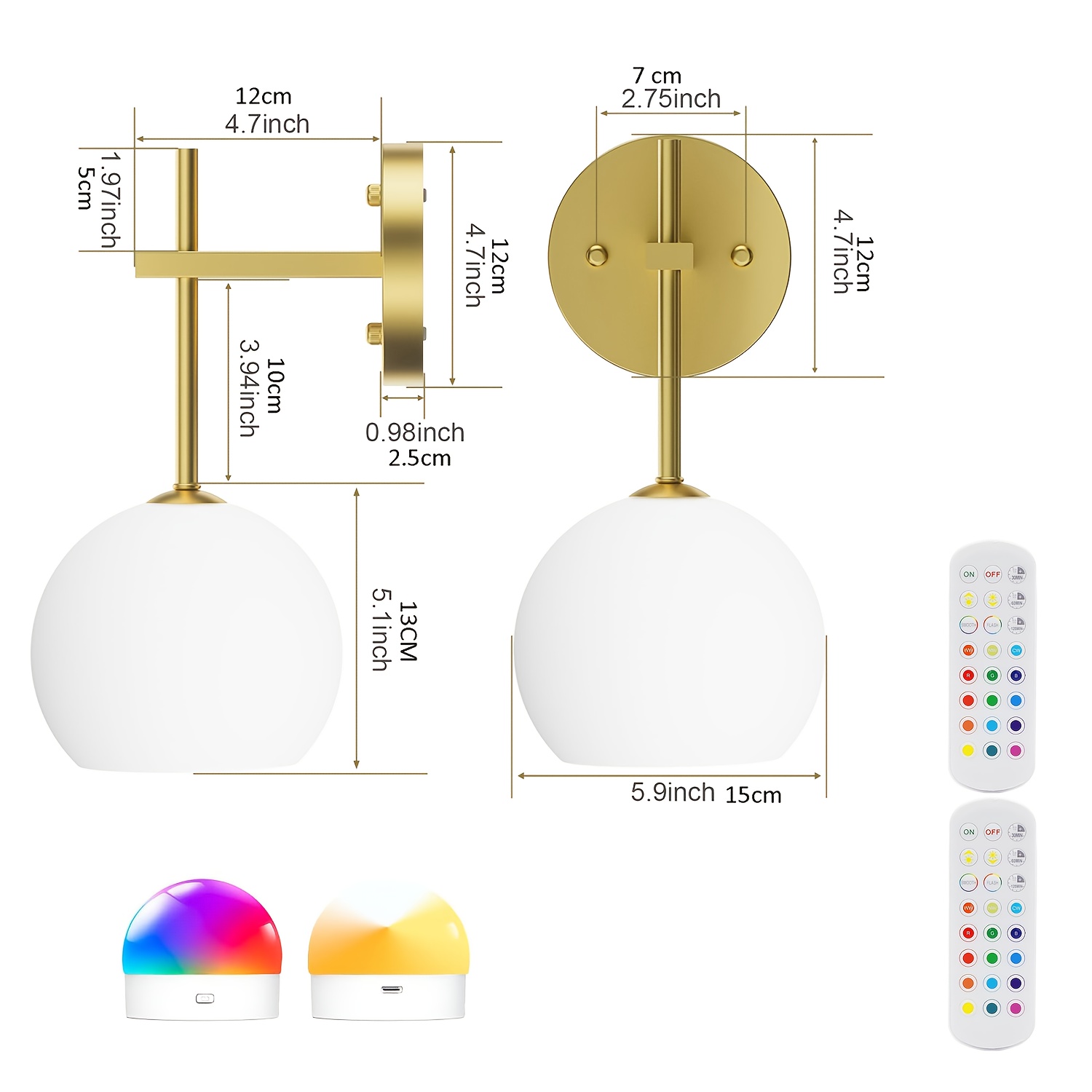 Image of 2 Light Set, Led Remote Control Wall Lamp, Rechargeable, Color-adjustable Rgbw, Spherical Glass Lampshade, Bedroom, Living Room, Atmosphere, Festive, Golden And Black