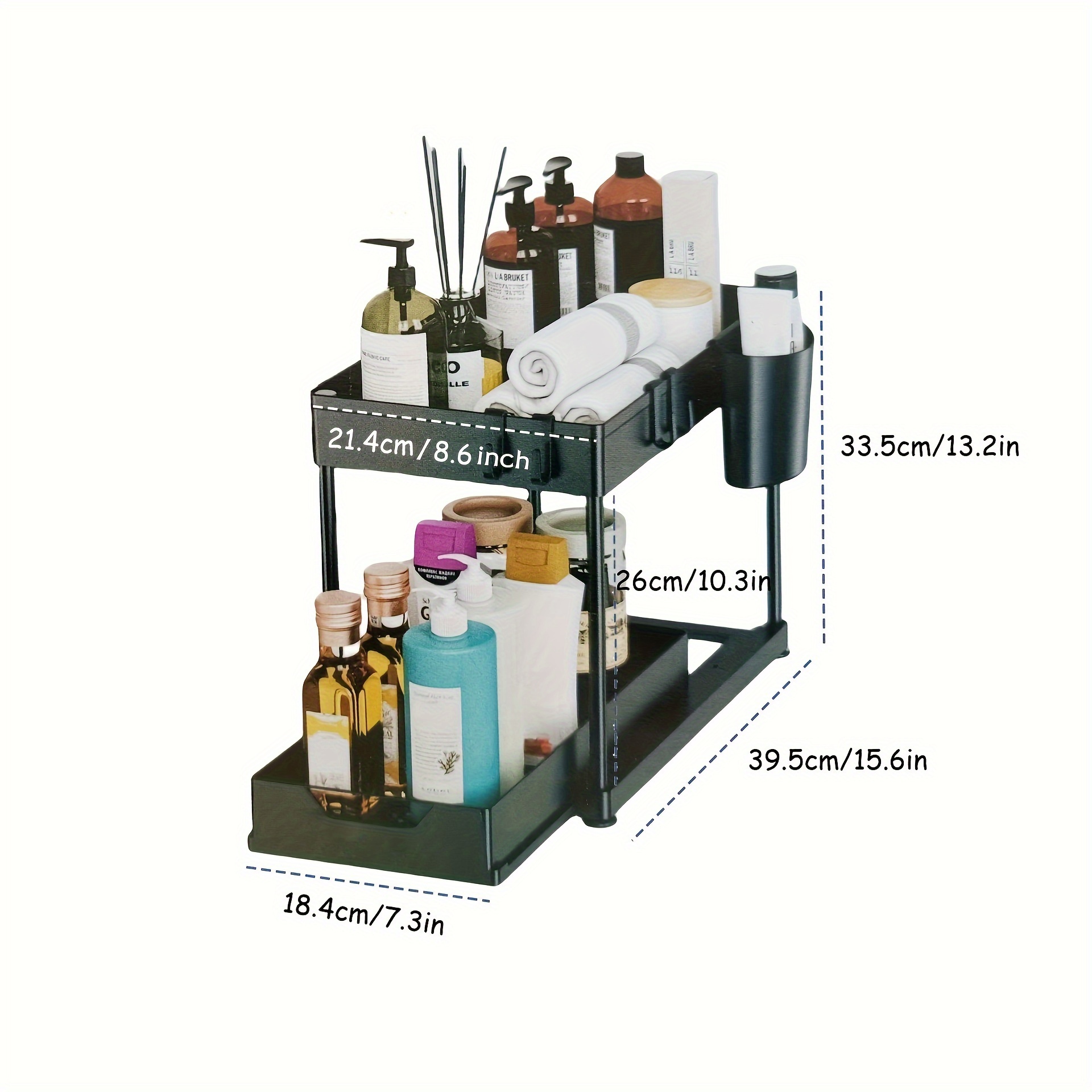 2 tier sliding under sink organizer with hooks versatile storage drawers for kitchen bathroom bedroom cabinets details 1