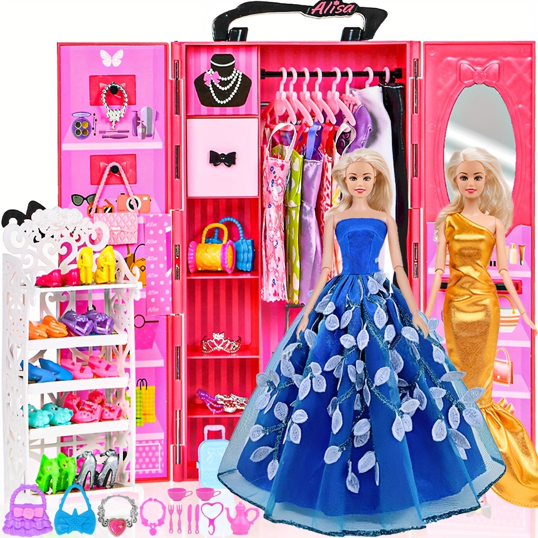 

11.5 Inch Girl Doll Closet With Doll Clothes And Accessories Set 105 Pcs Including Suitcase Clothes Dresses Shoes Hangers Necklace Bags (doll Not Included)