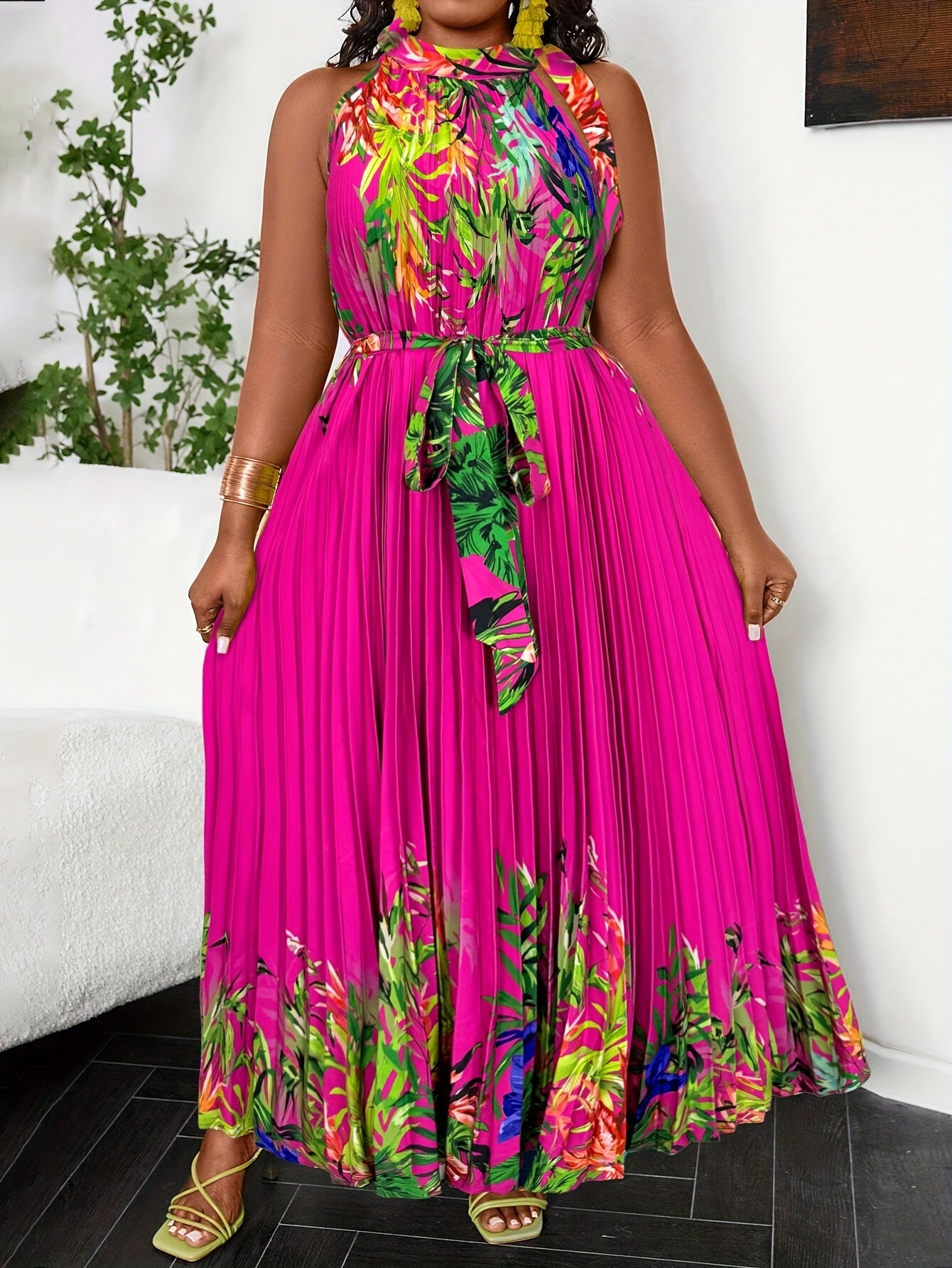 plus size plus size bohemian tropical print pleated halter - Temu Germany