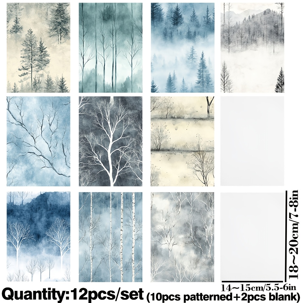 TEMU Ruonaorou 12 Sheets Premium Semi-transparent Winter Tree Acid Paper Handmade Material Junjouyrnal Diary Press Writing Card Making Paper Diary