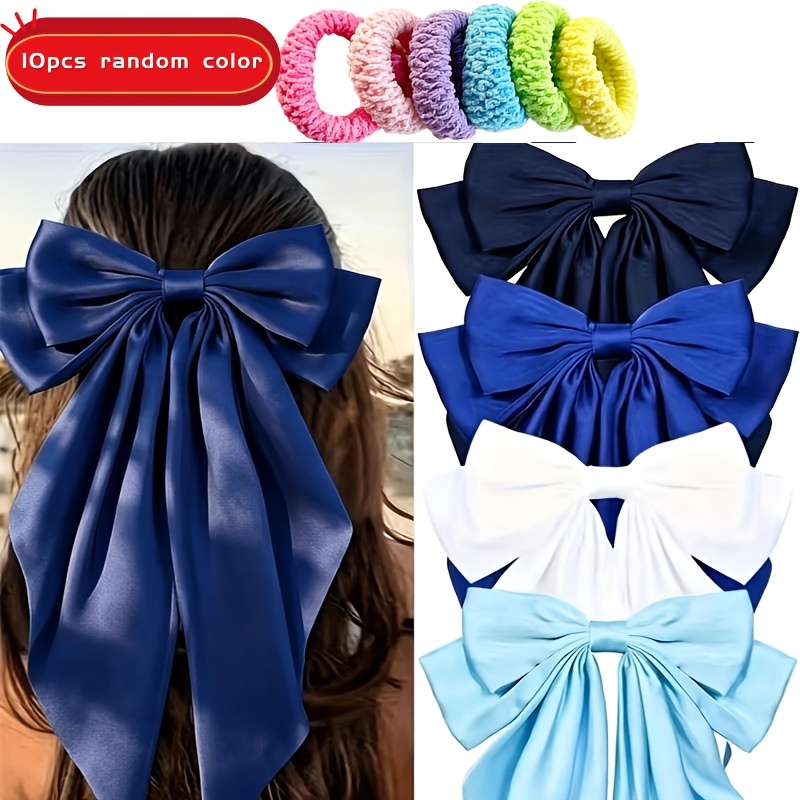 TEMU Random 10-color Satin Large Bow Hair Clips And Colored Towel Cloth Hair Ties Set, Including Large Long Bow Hair Clips, Hair Bands, Suitable For