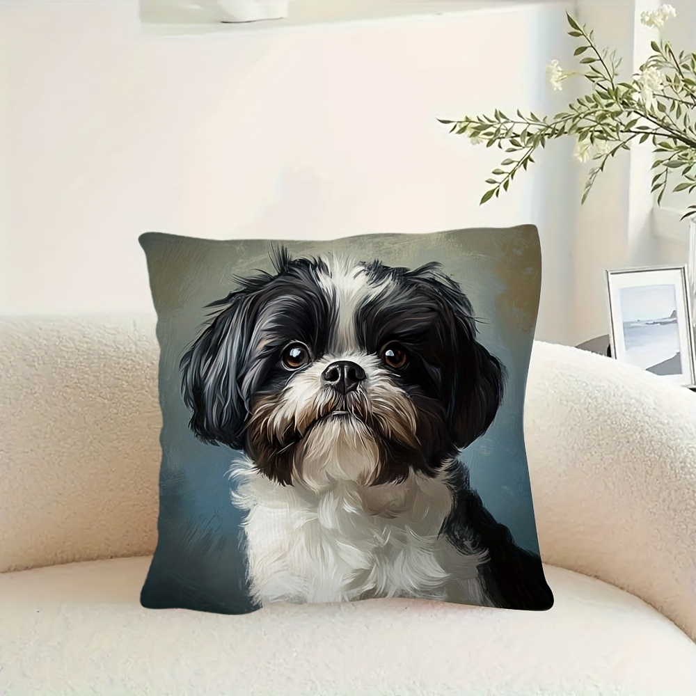 1pc 2d flat printing non real embroidery cute shih tzu dog double sided printed short plush pillow cover suitable for sofa living room bedroom no pillow corelkj1654 Product details 5