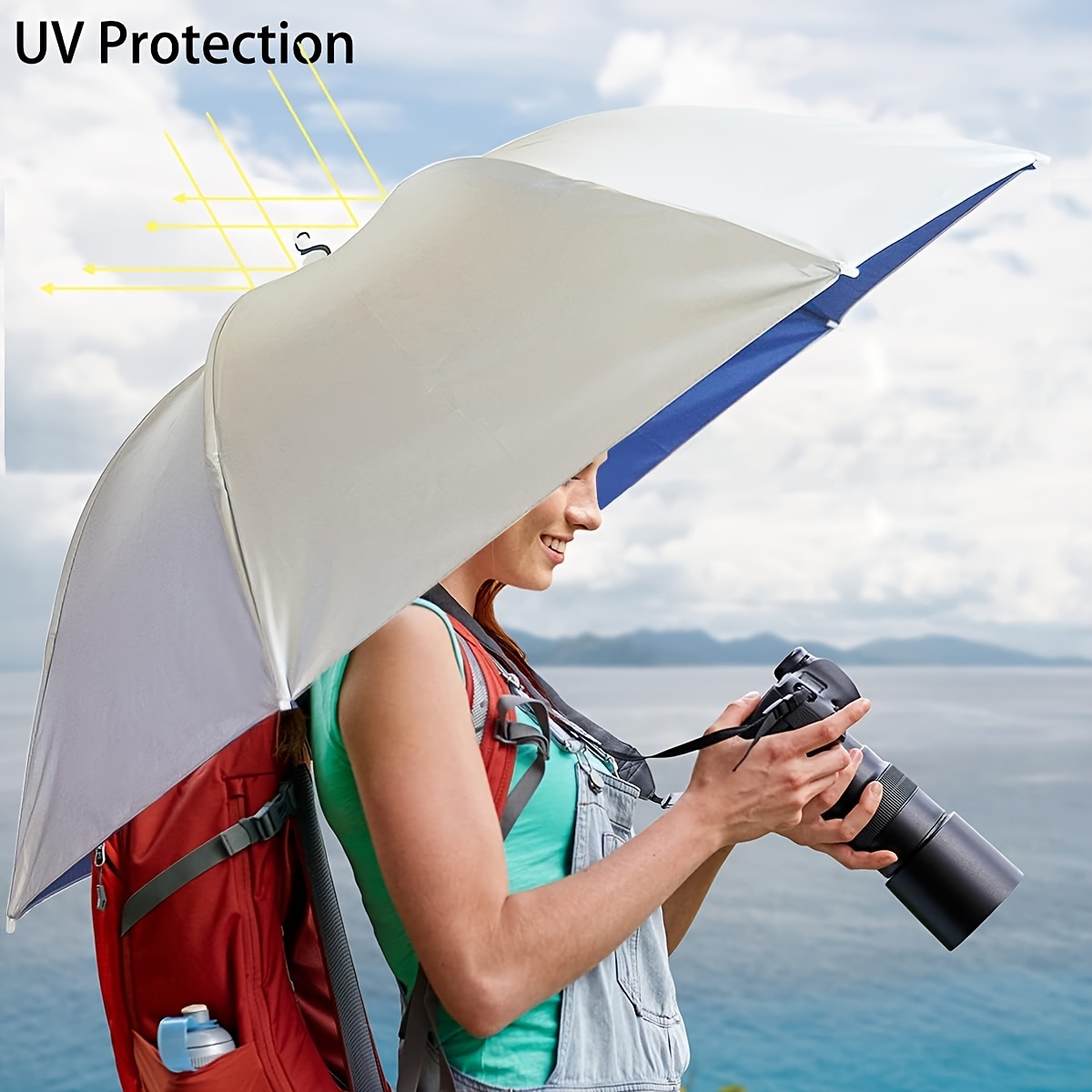 

30" Adjustable Umbrella Hat With Uv Protection - Foldable, 170t Impact Cloth & Iron Alloy Frame, Ideal For Fishing, Golf, Camping, Beach & Gardening