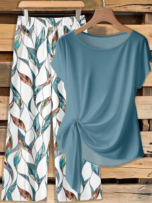 grote maten, 2-delige set voor dames: casual eenvoudig overhemd met strikdas en losse broek met rechte pijpen en geometrische print, geschikt voor lente- en zomerkleding