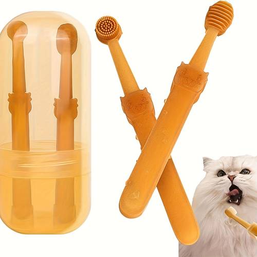 2pcs pet kit 2pcs silicone cat toothbrush set with tongue cleaner and storage case care kit for cats bristles oral hygiene protection flexible soft for pets