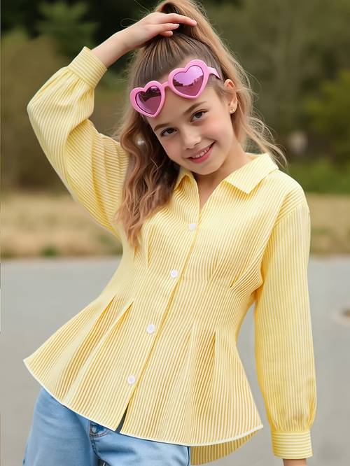 girls fashion summer fall button up shirt striped collar long sleeve cinched waist design
