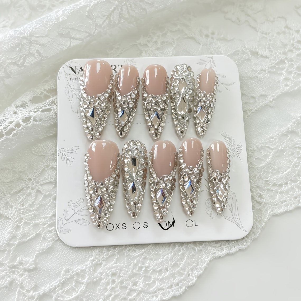 TEMU 10pcs French Tip Luxurious Full Coverage Long Almond Shape Rhinestone Press-on Nails Suitable For ' Holiday Wedding Party