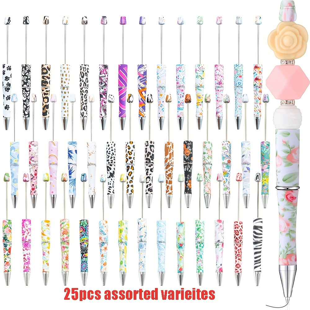 TEMU 25pcs Random Color Graffiti Plastic Beadable Pens Assorted Beaded Ballpoint Pen With Black Ink For Diy Making Present Office School Graduation