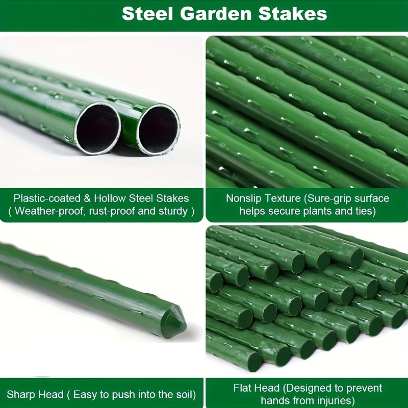 

10pcs, Green Coated Steel Garden Stakes, 23.2 Inch Plant Support Poles With Pointed & Flat Heads, Non-slip Texture For Secure Grip, Weatherproof And Rustproof Outdoor Plant Holder Tools