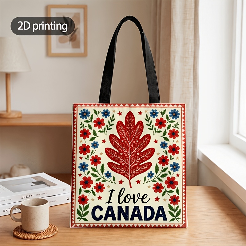 TEMU Sac bandoulière et sac à main plat 2D pour hommes et femmes, sac bandoulière unisexe avec imprimé floral et feuille d'érable 'I Love Canada',