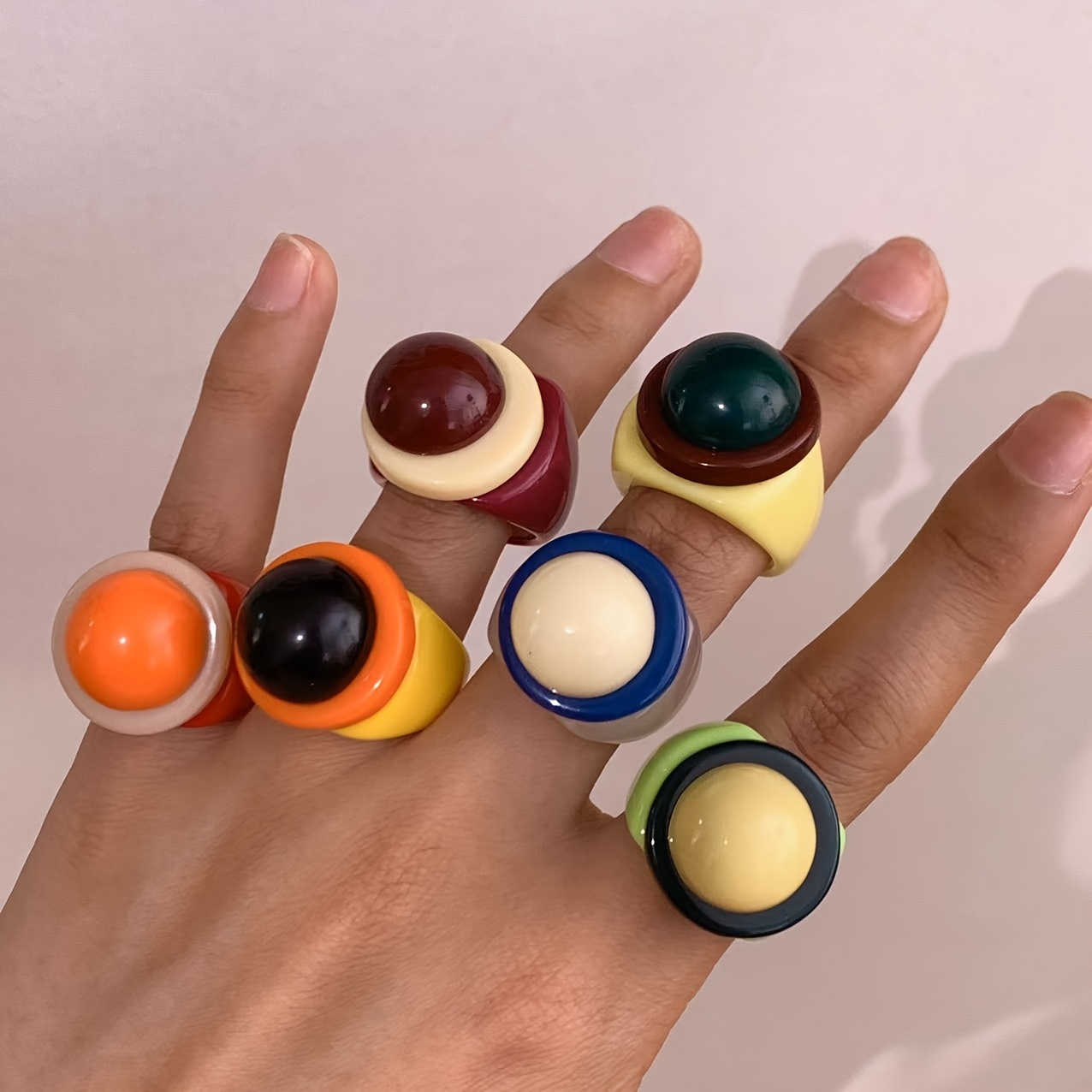 

Vintage Boho Style Resin Ring Set - 6 Pieces Y2k Dopamine Color Mix Chunky Acrylic Rings For Daily And Party Occasions