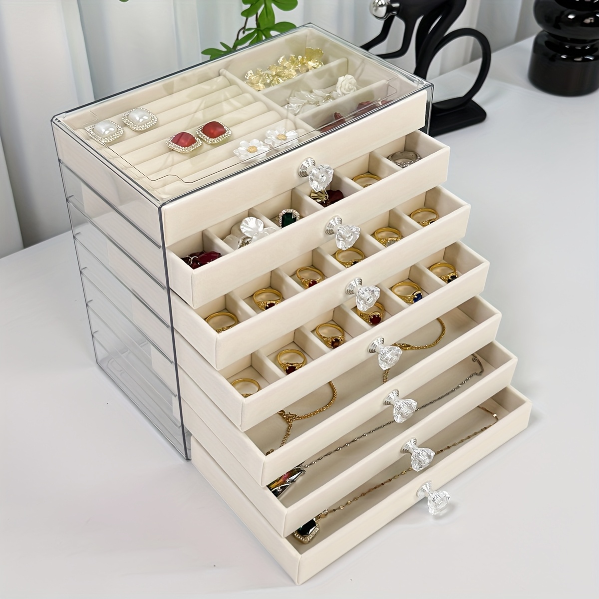 7 layer transparent plastic jewelry organizer box with fabric lined compartments secure   closure contemporary octagonal design multi use desktop storage for earrings rings necklaces jewelry organizer storage durable polished   jewelry boxes Product details 4