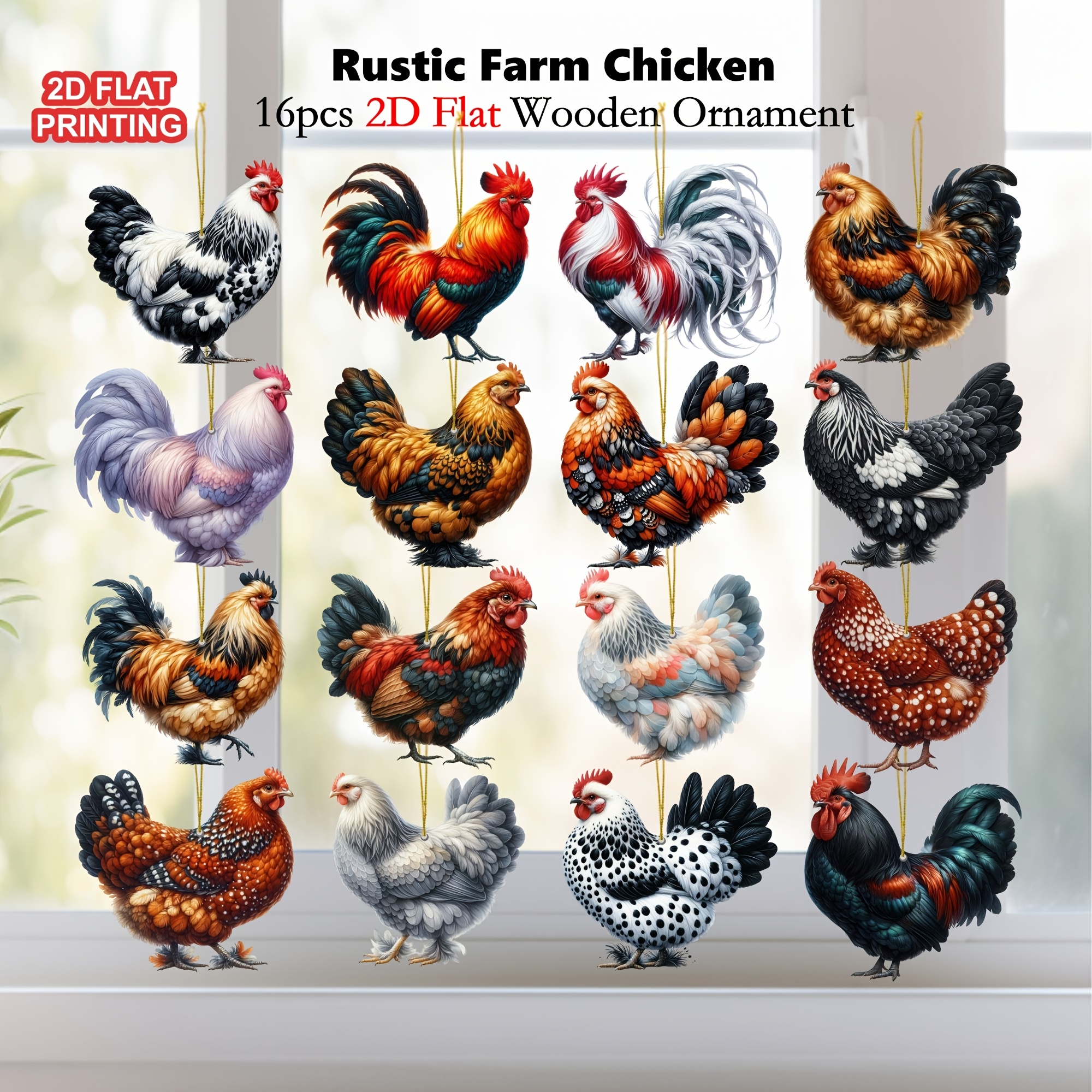 TEMU 2d Flat, 12pcs/16pcs Rustic Farm Chicken Wooden Hanging Ornaments - Christmas Tree Decor, Holiday Gift Set For Home Office Classroom Party,