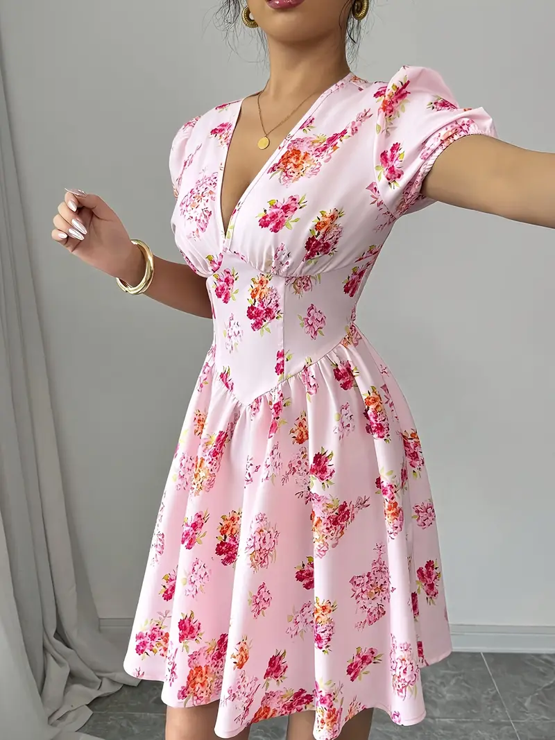v neck short sleeve summer dress summer floral short dress - Temu v neck short sleeve summer dress summer floral short dress - Temu