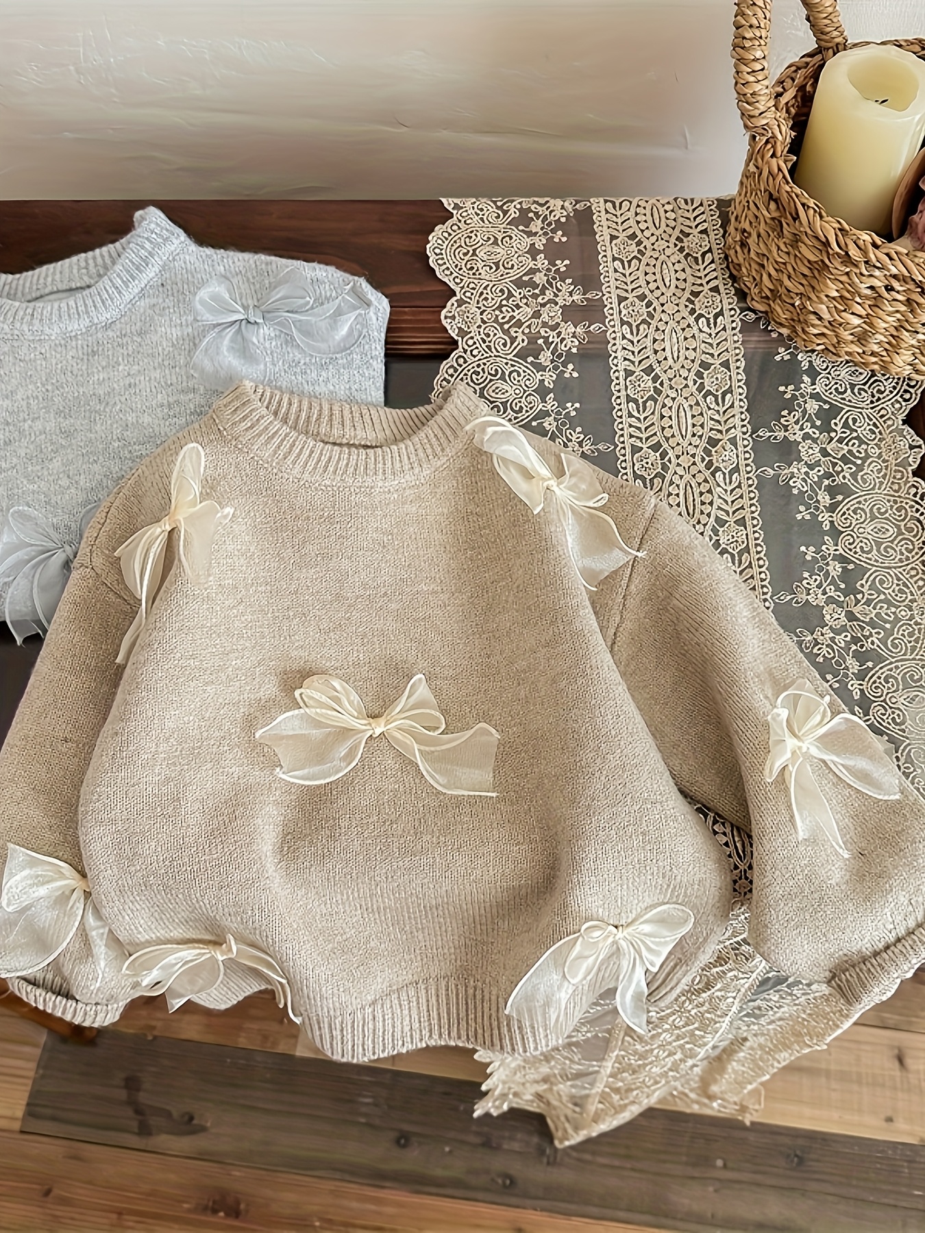 girls sweater 2025 autumn winter new korean edition bow decoration knitted sweater childrens clothing girls stylish top girls   outfit