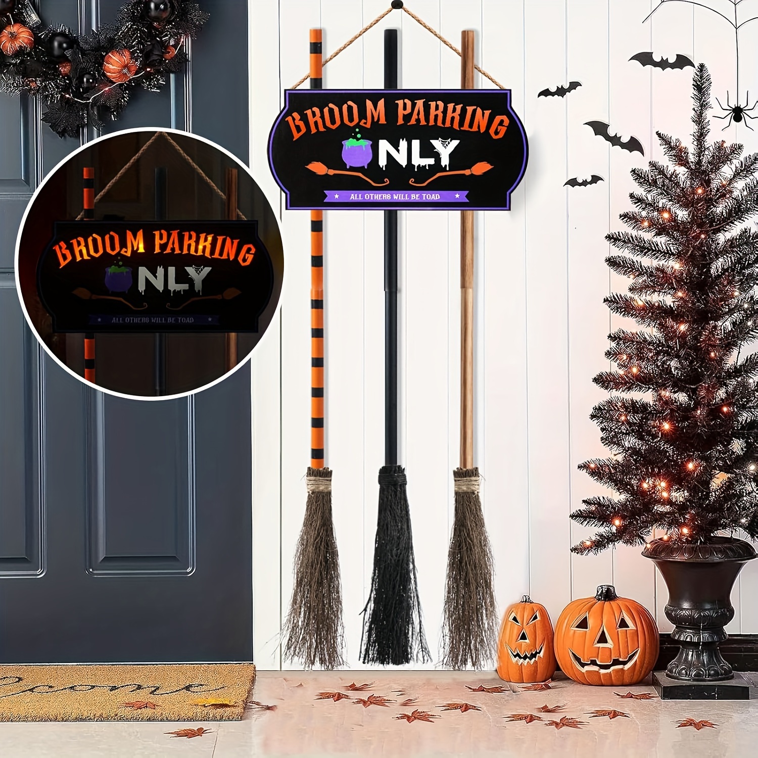 

Light Up Halloween Decorations, Lighted Broom Parking Sign With 3 Wooden Brooms, Spooky Halloween Decorations Sign For Front Porch Wall Lawn Yard Indoor Outdoor