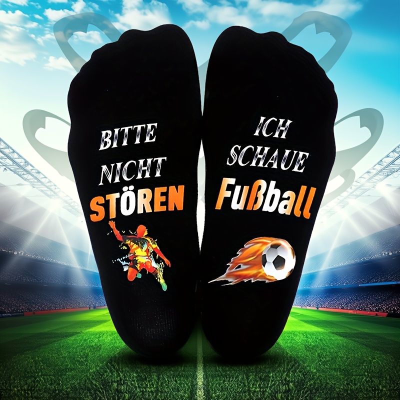 Pair Of Black Mid-calf Men's Socks With Sole Print, Heat Transfer "bitte Nicht Stören, Ich Sehe Fussball" Fun, Cute, Comfortable, Breathable Elastic Socks