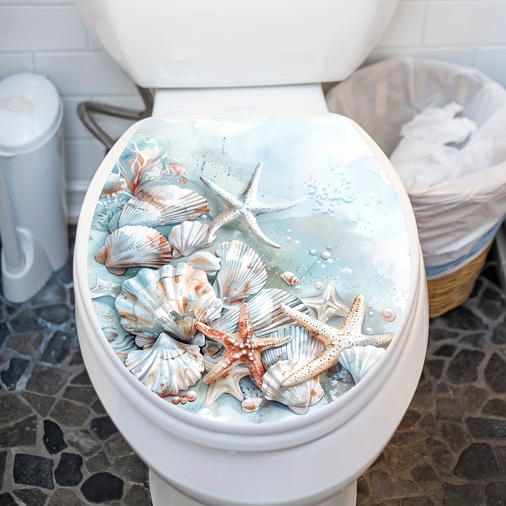 

Beach Shell Starfish Toilet Seat Cover Decal - Self-adhesive Plastic Mat With , Cartoon Pattern, Waterproof And Removable, Single Use, Rectangle Shape For Bathroom Decor