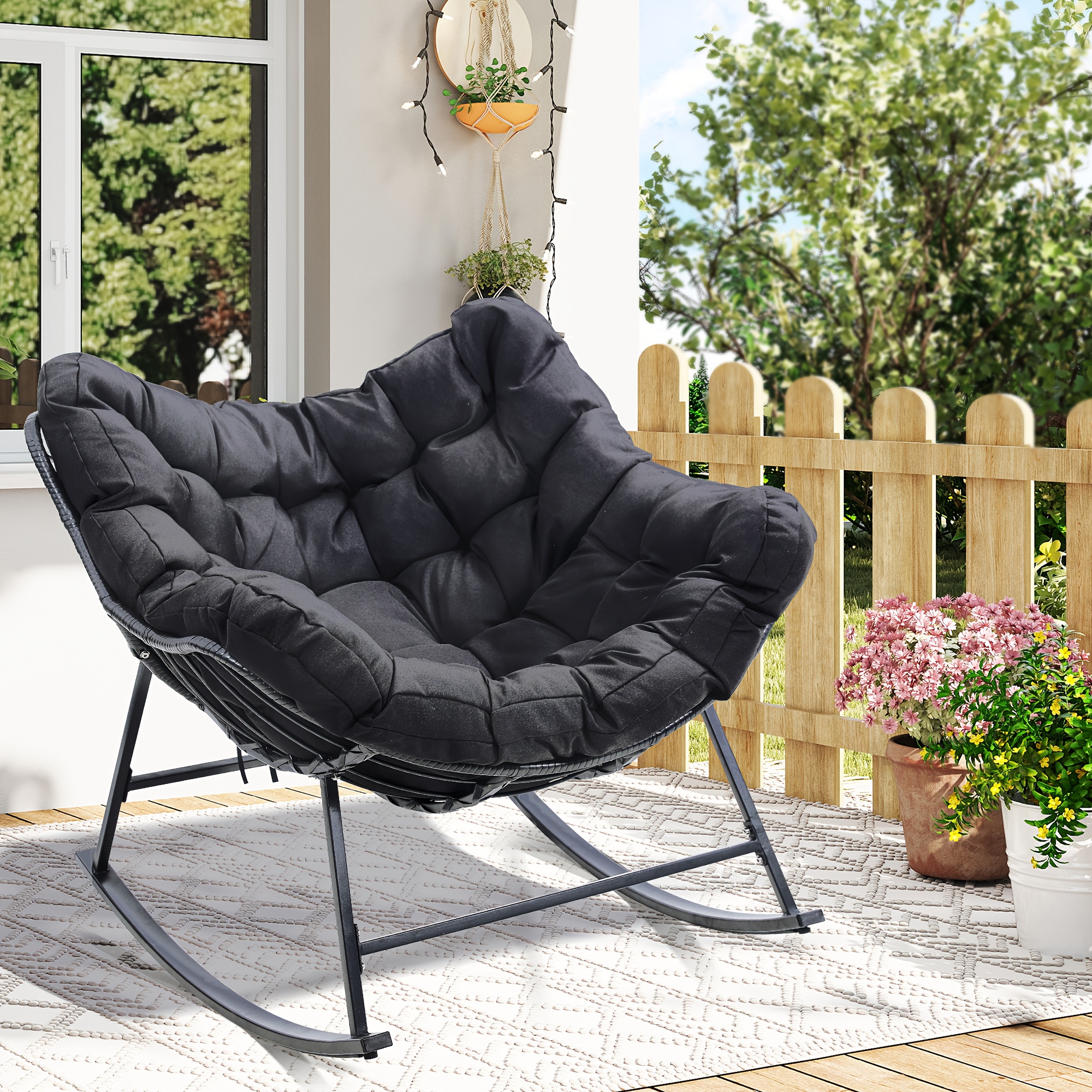 modern extra wide egg shaped papasan   chair with   rattan frame thick all weather cushion heavy duty rocking mechanism solid backrest armrests ideal for patio porch balcony durable furniture for hard floors concrete terrace easy   black gray color options chaise confortable wicker patio furniture furniture for home balcony furniture lounge furniture garden furniture patio furniture Product details 0