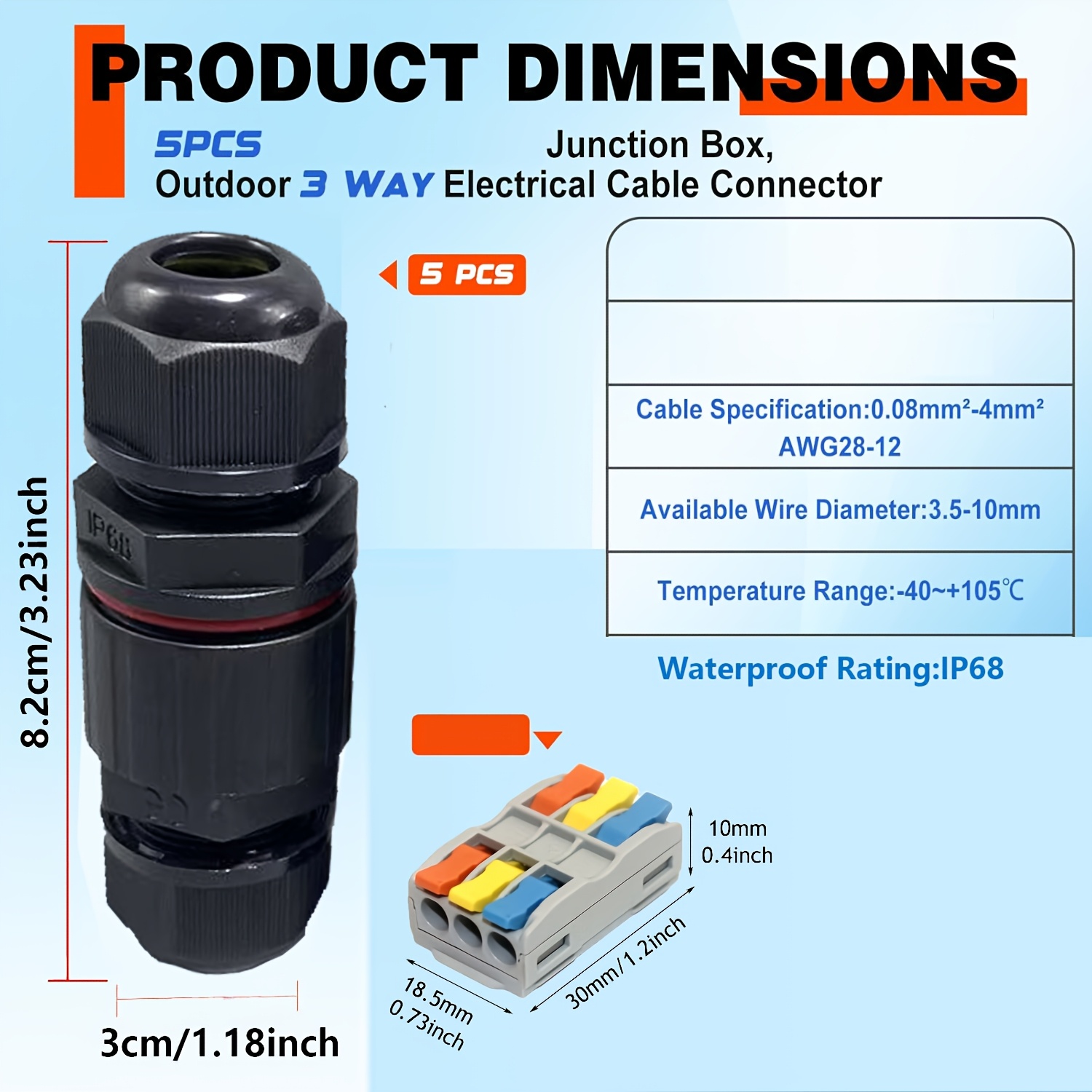 Upgraded 5 Pack Ip68 Junction Box Outdoor/indoor, 2/3 Pole Wire Connector, Outdoor Wiring And String Lights For Halloween/christmas, External Sleeve Coupler Cable Range 0.28-0.47 Inch (7-12mm) Black