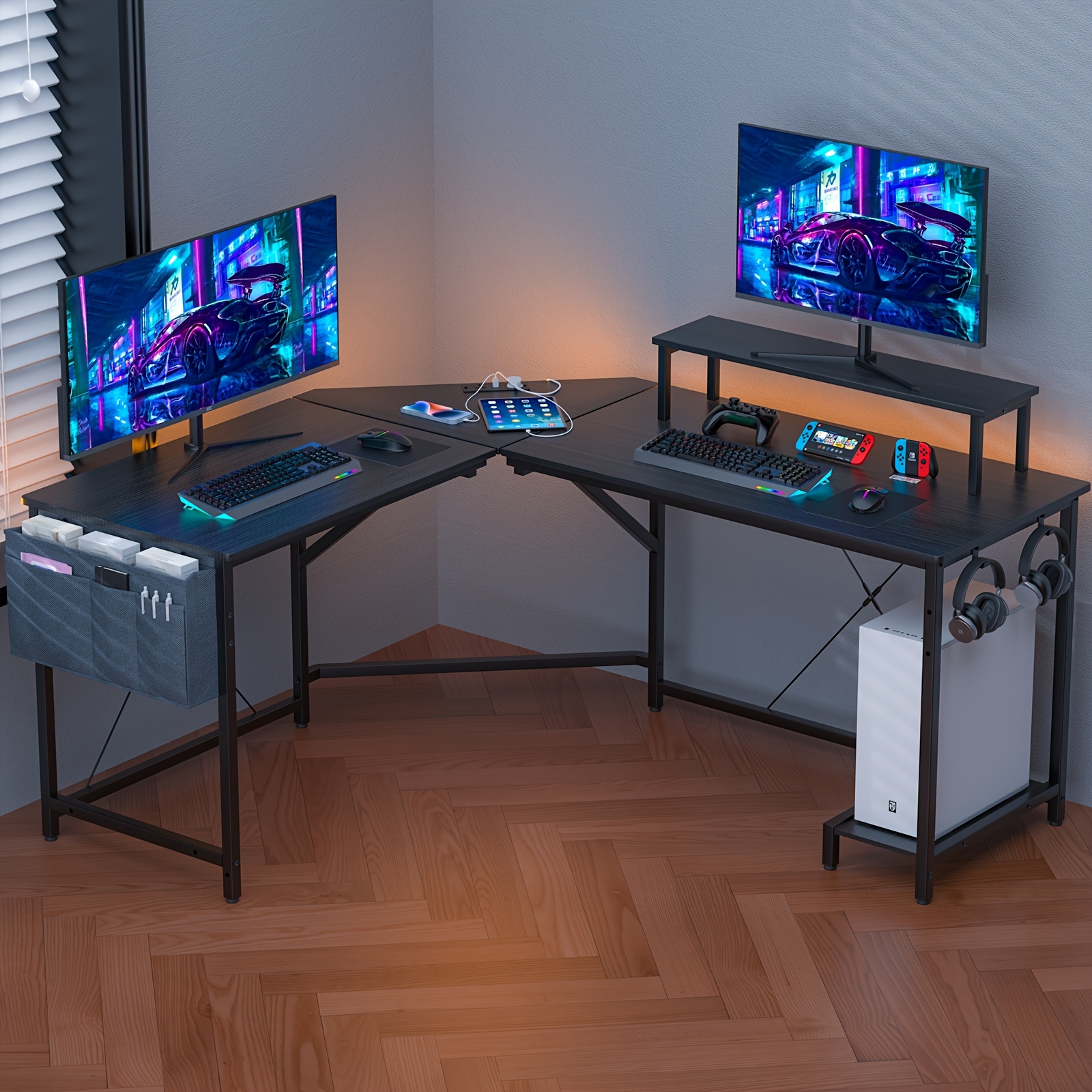 E-shop Gaming Computer Schreibtisch für die Ecke, Gamer Tisch 135cm x 55cm x 74cm L-Form mit Bildschirmhalterung, Carbonfaser Tischplatte, Gaming