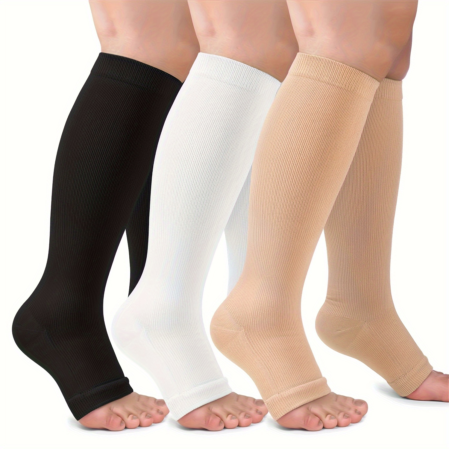 TEMU 3 Pairs Compression Socks For , Open Toe Knee High Stockings For Sport 15 Mmhg Knee Compression Socks