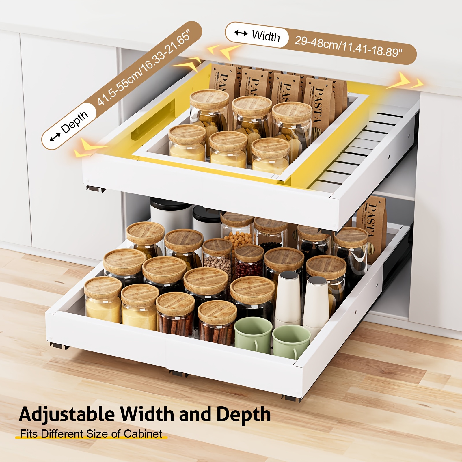 2pcs Telescopic Drawer Extendable Drawer Kitchen Extendable Cabinet Organiser Metal Cupboard Drawer Organiser Width 29-48cm & Depth 42-55cm