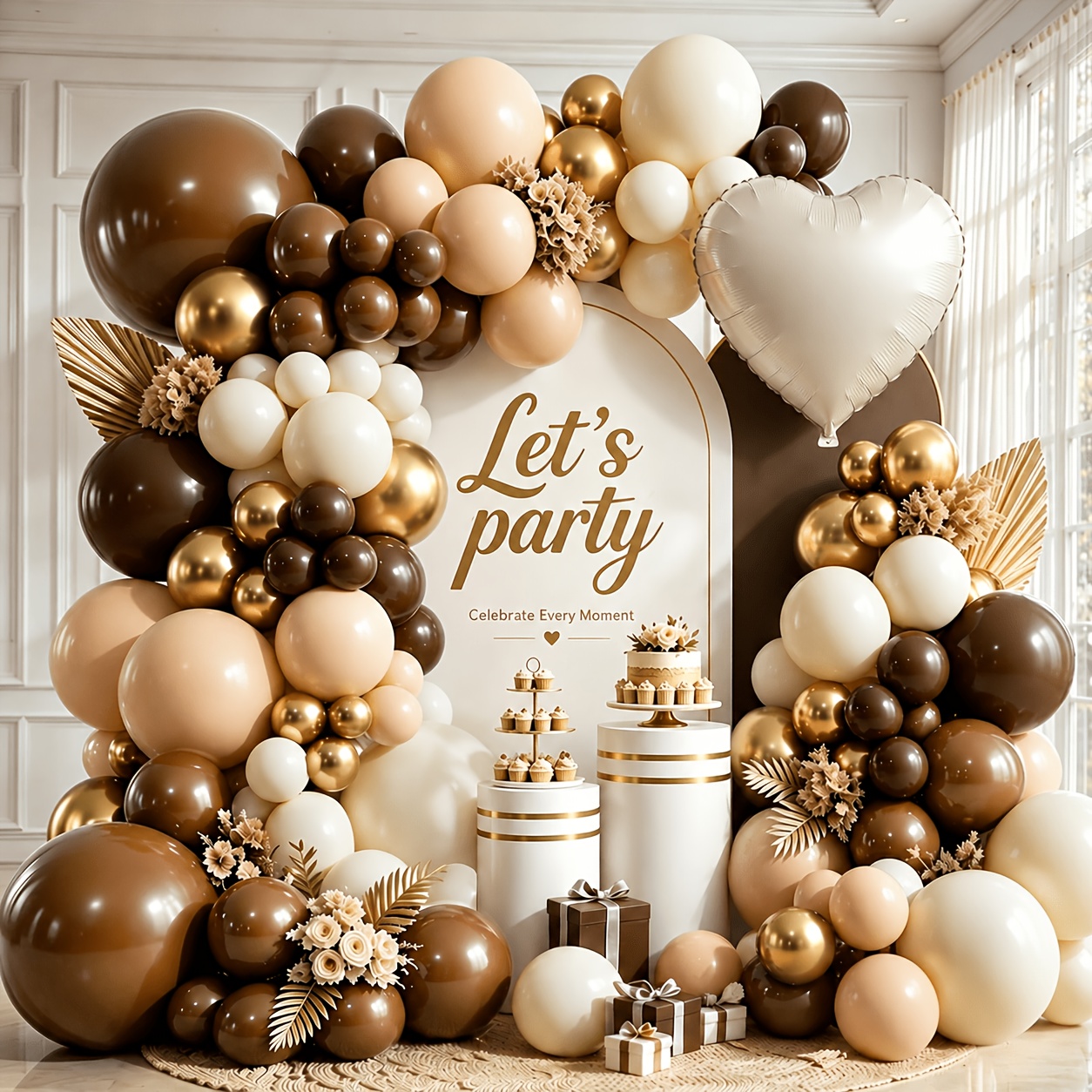 TEMU Kit di palloncini marrone e oro con palloncino a forma di cuore da 18 pollici, cioccolato, tono della pelle, sabbia e palloncini marrone scuro