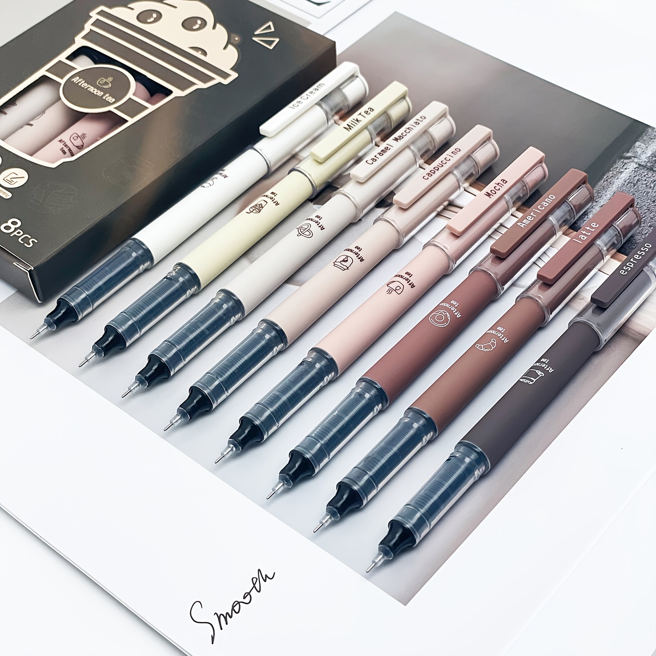 TEMU Juego de 6/8 bolígrafos de gel de tinta líquida de secado rápido con temática de café, bolígrafos de que para notas, dibujar, material escolar y