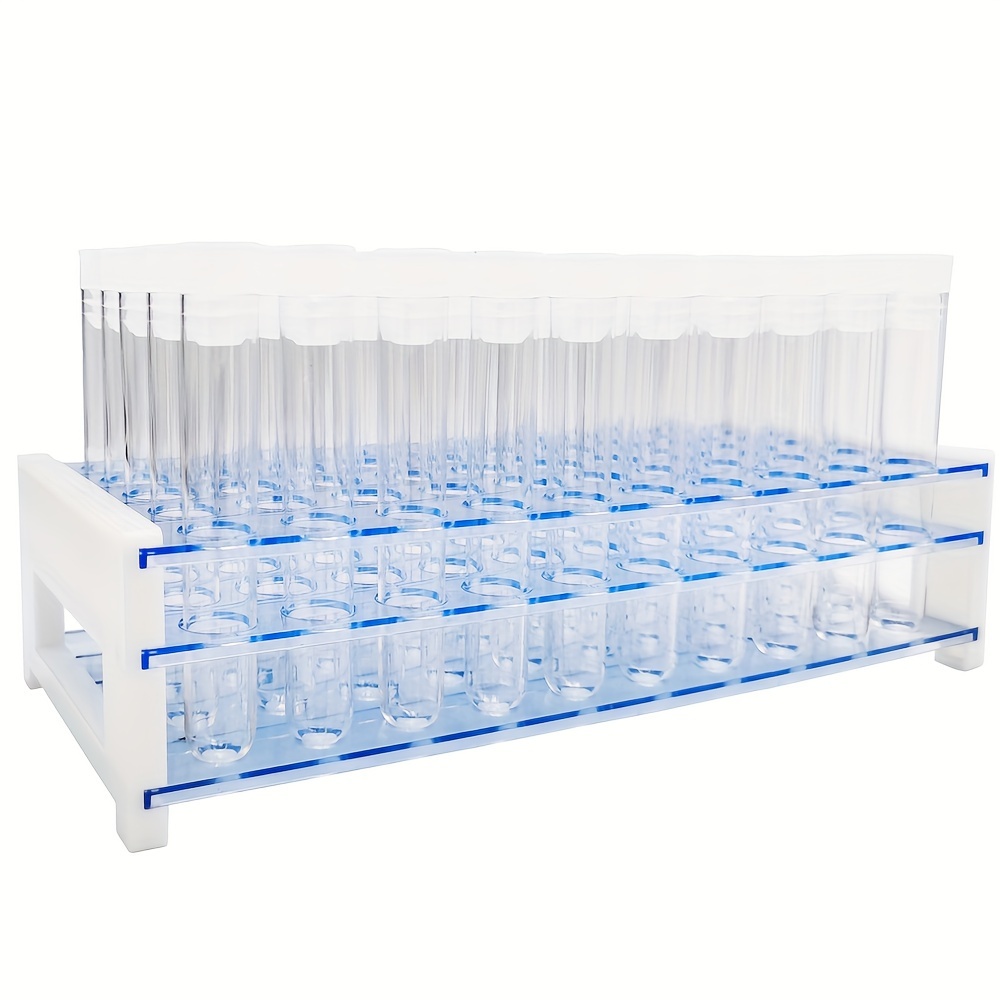 

50pcs Clear Plastic Test Tubes With Rack, 16x100mm(10ml) Test Tube With Caps And 50 Holes Tubes Rack For Scientific Experiments, Party, Decorate The House, Candy Storage