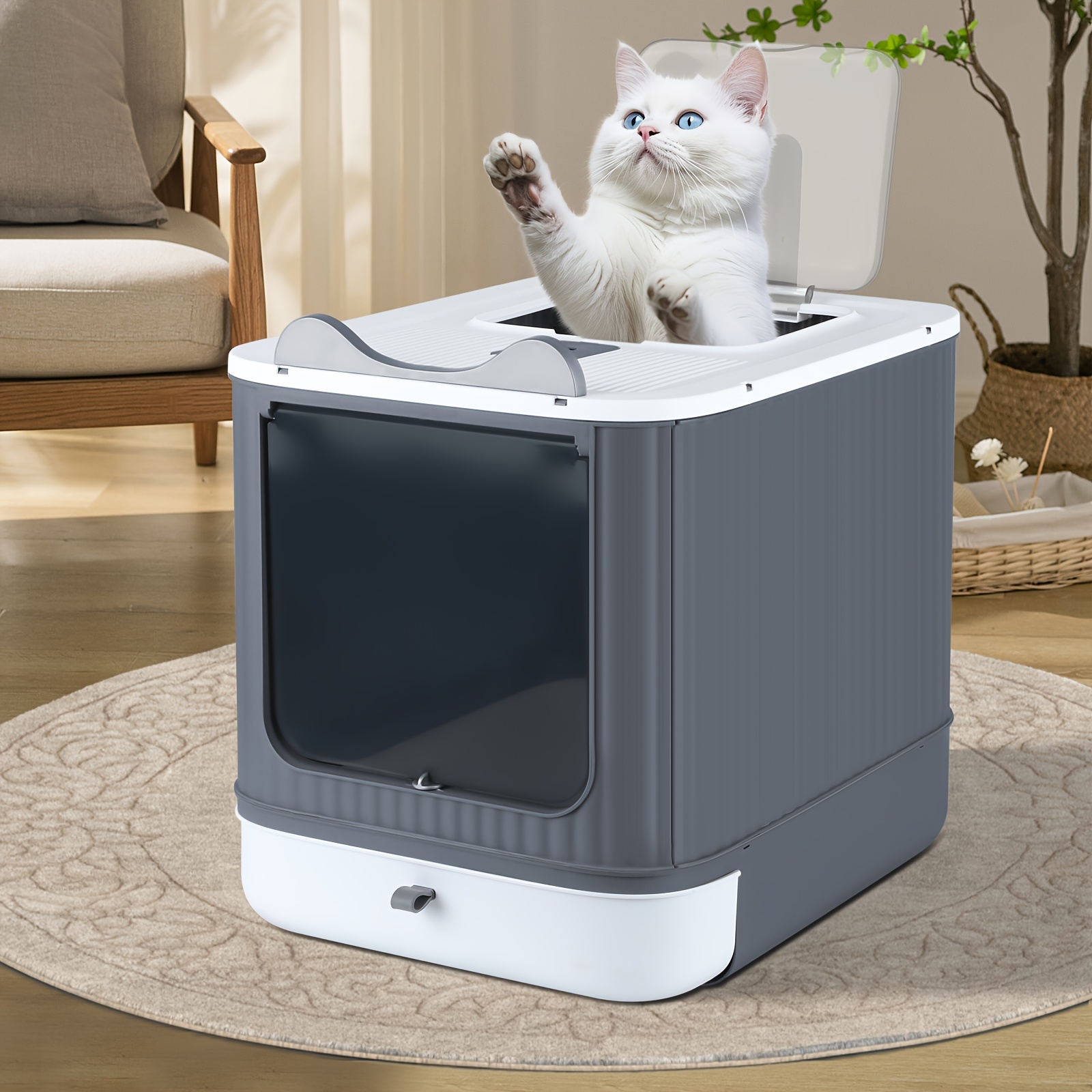 Enclosed Cat Litter Box With Lid, Top-entry, Removable Sliding Tray, Includes Scoop, Less Tracks, 44.5x36.5x34.5cm