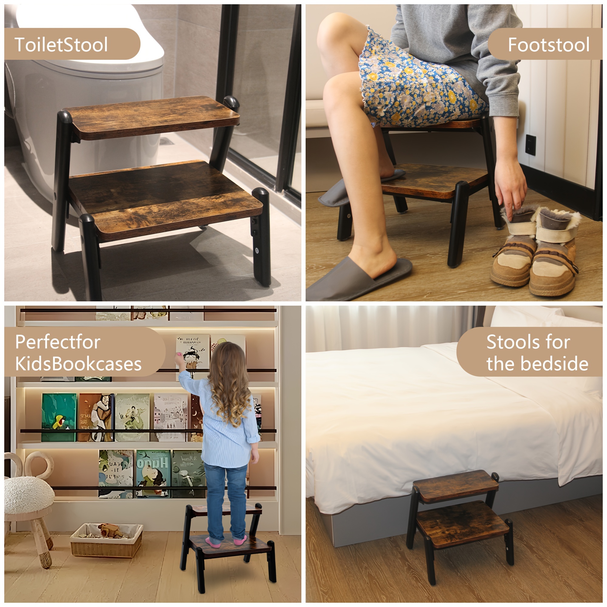 Heavy Duty Bed Step Stool Wooden Step Stool Adults Kids Kitchen