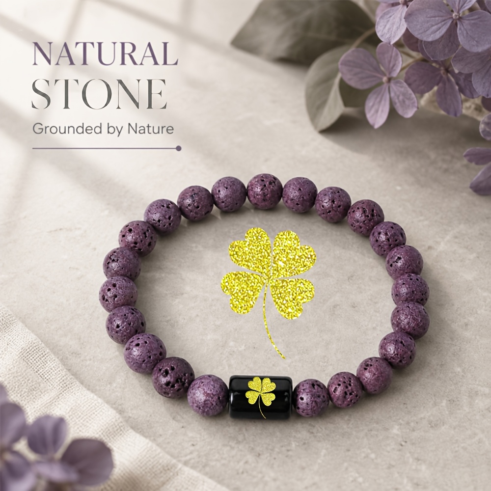 Women's Natural Stone Beaded Bracelet with Golden Four-Leaf Clover