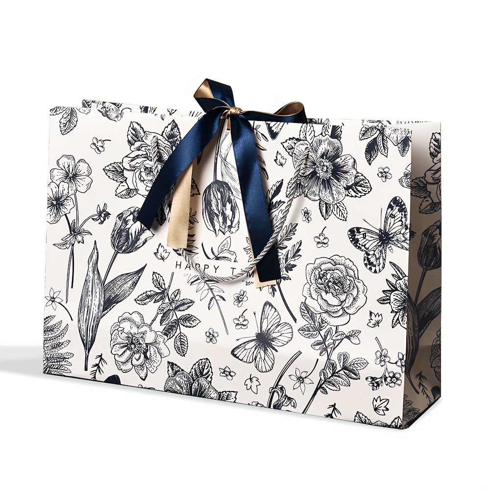Image of Gift For Her/him 2pcs Floral Party Gift Bags With Ribbon - Versatile Paper Tote For Weddings, Birthday, Holiday And Shopping