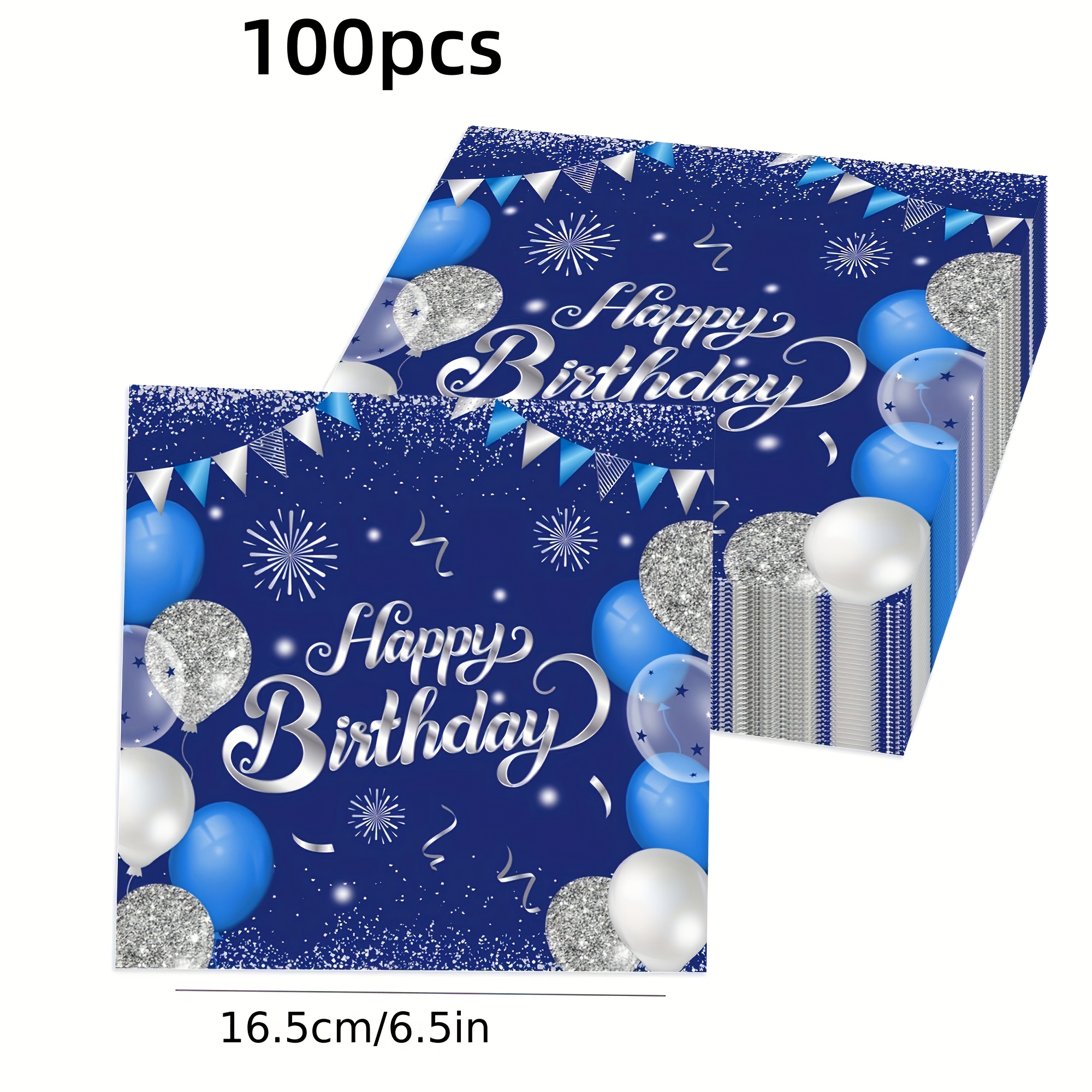 Image of A Pack Of 100 Navy Blue And Silvery Disposable Paper Napkins, 2-ply Party Napkins, Birthday Napkins, Napkins - Happy Birthday Napkins, Perfect For Use As Lunch Or Dinner Napkins, Elegant 100pcs