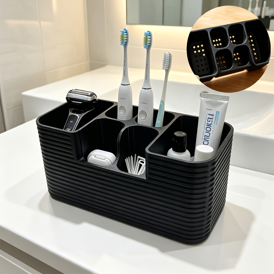 TEMU Multi-compartment Bathroom Countertop Toothbrush Holder, Large-capacity Vanity Organizer, Desktop Storage Box For Toothbrushes, Toothpaste,