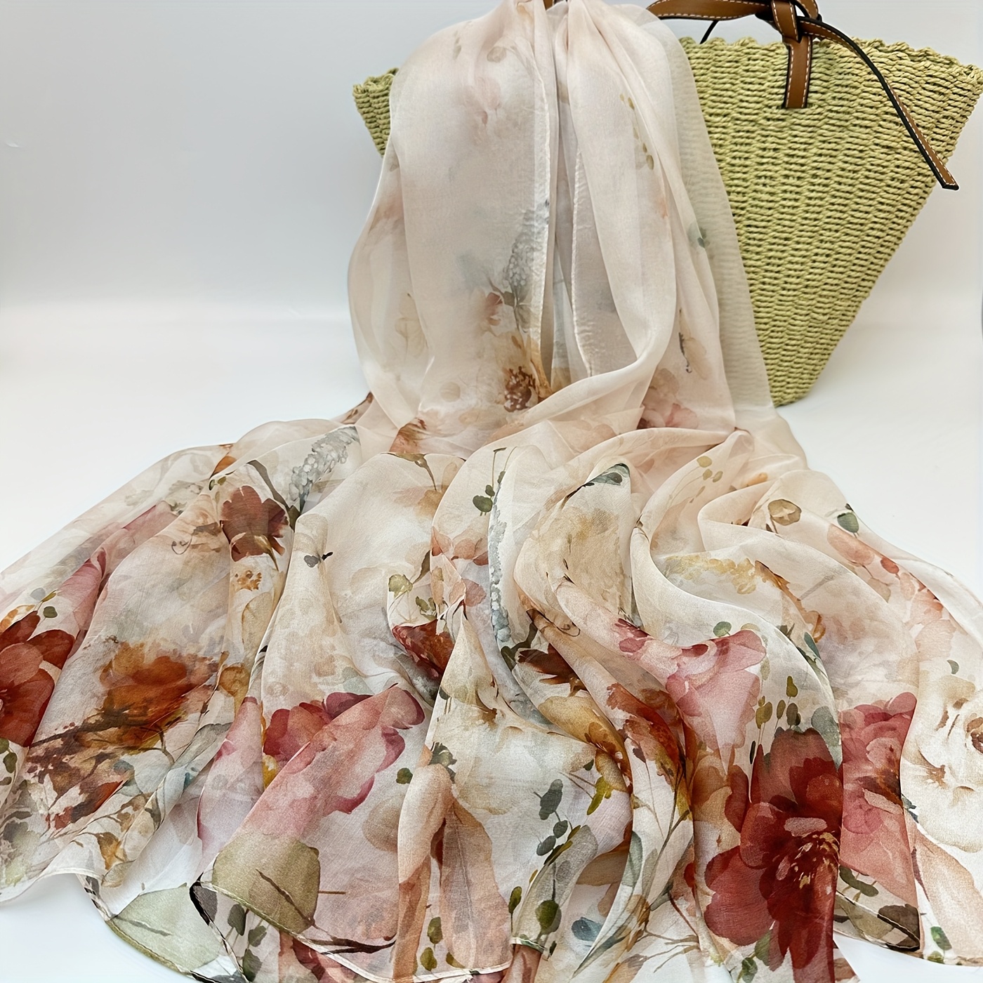 Image of 1pc Lightweight 100% Floral Scarf For - Spring Summer Beige Green Floral Print Elegant Versatile Fashion Accessory, Perfect Gift For Mom & , Casual | Sophisticated Style | Soft Texture, Scarf