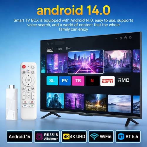 imagen del artículo 14 tv stick con control por voz, 4k ultra hd, 2gb 16gb rom, 3d usb type-c, dual 2.4/5ghz wi-fi6, wireless 5.0, interfaz de control inteligente, conector miniusb, alimentación usb, smart player festival