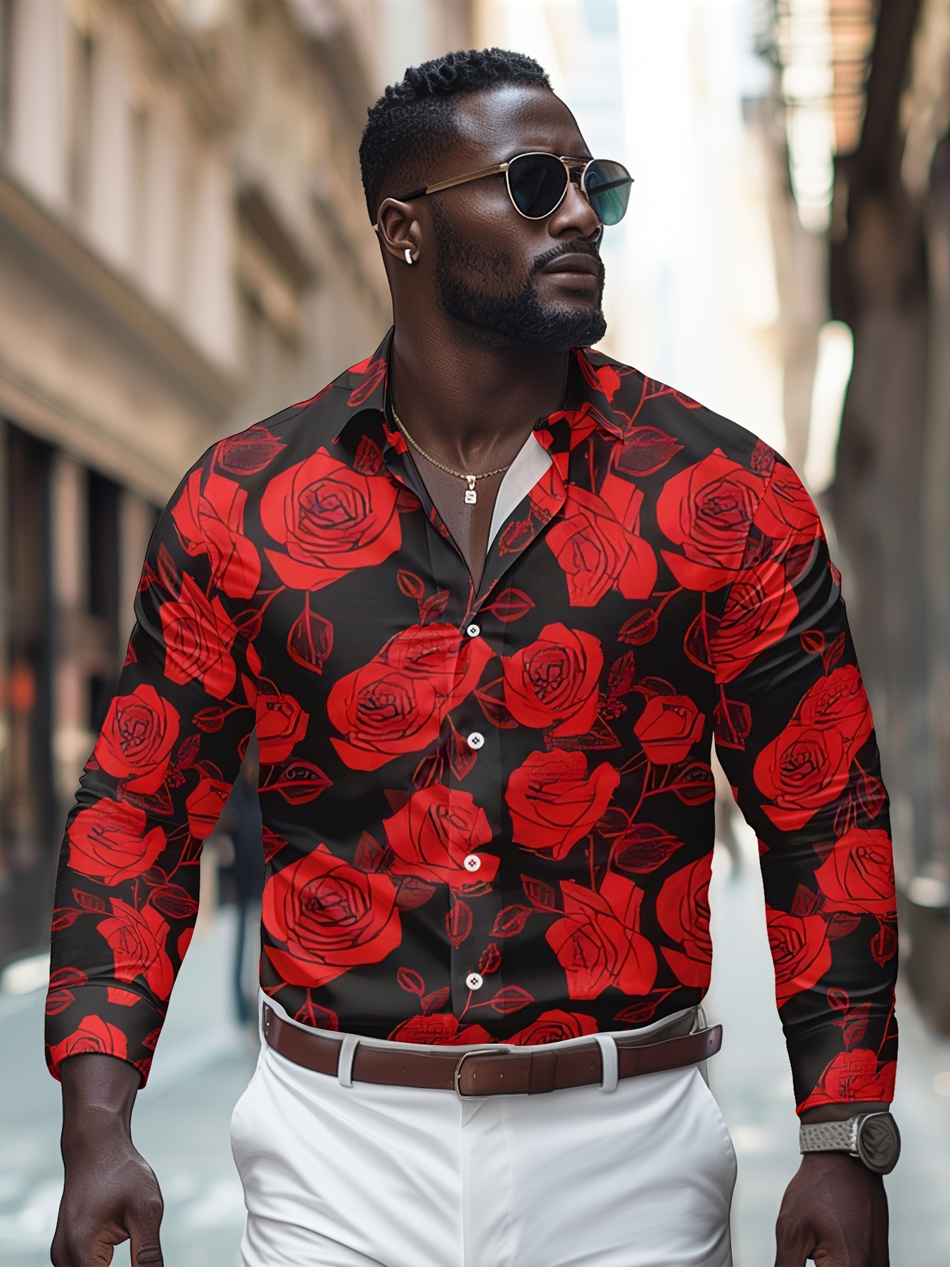 Red Rose Print Black Dress Shirt With Roses Devil's Advocate Red