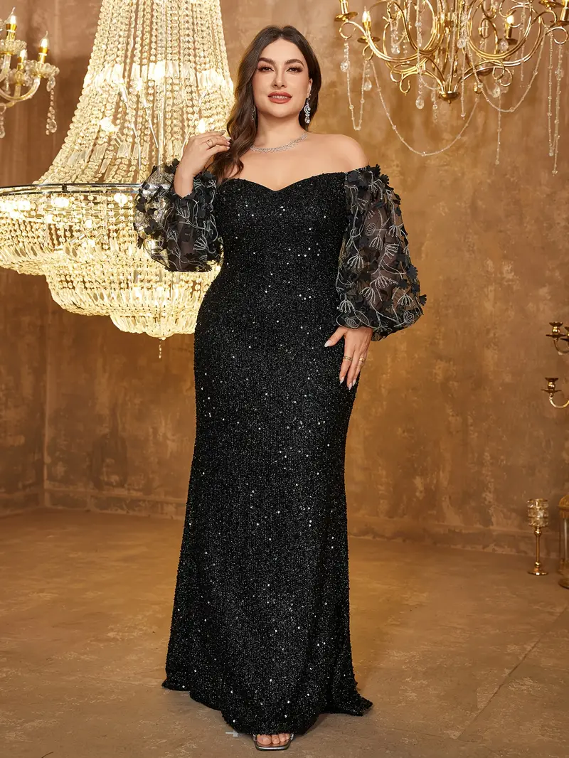long black sequin dress plus size Womens Plus Size Black Sequin Maxi Cocktail Dress 3X Slit Sleeve Formal Party