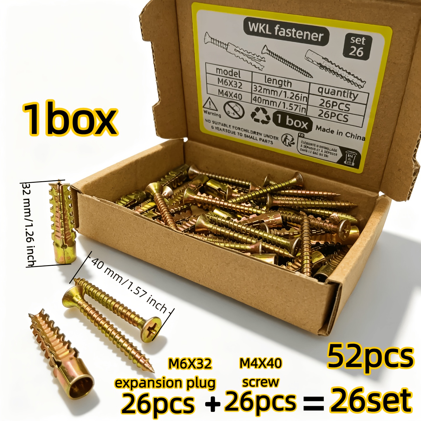 TEMU 52pcs/26-set - Golden Expansion Anchors + Golden Screws Set - Expansion Anchor Screw Set, Made Of Galvanized Metal With A Golden-plated Layer,